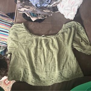 American Eagle Outfitters Olive Green Off-Shoulder Eyelet Blouse